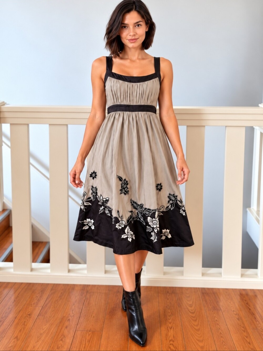 BCBGMAXAZRIA 100% Silk Taupe Embroidered Floral Fit & Flare Midi Dress